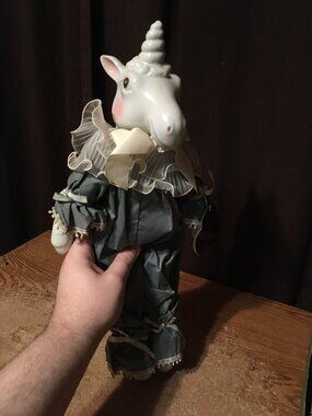 J AND J DESIGN VINTAGE PORCELAIN HARLEQUIN UNICORN DOLL 18.5”